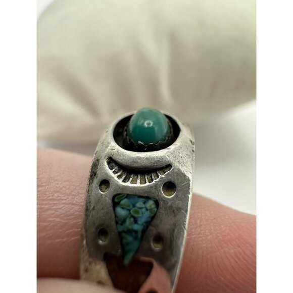 Navajo Coral & Turquoise Chip Sterling Silver Shadowbox Ring Sz 8.75 Signed MD - Picture 7 of 9